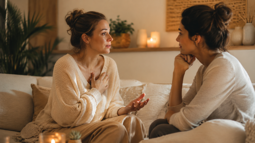 Duas pessoas praticando escuta ativa e comunicação não violenta em conversa acolhedora.