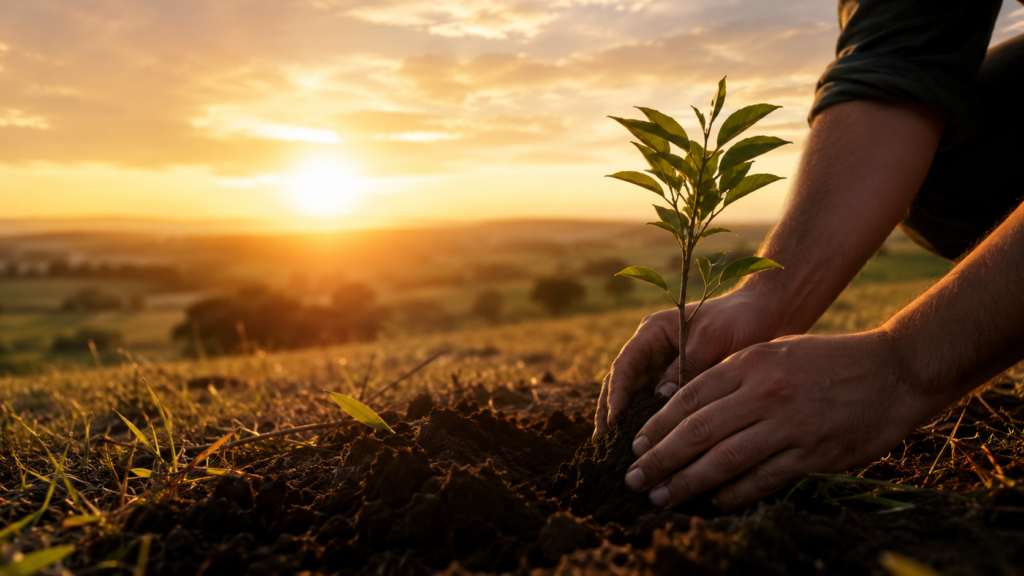 Pessoa plantando uma muda de árvore ao nascer do sol, simbolizando o crescimento pessoal e a importância de cultivar bons hábitos ao longo do tempo.