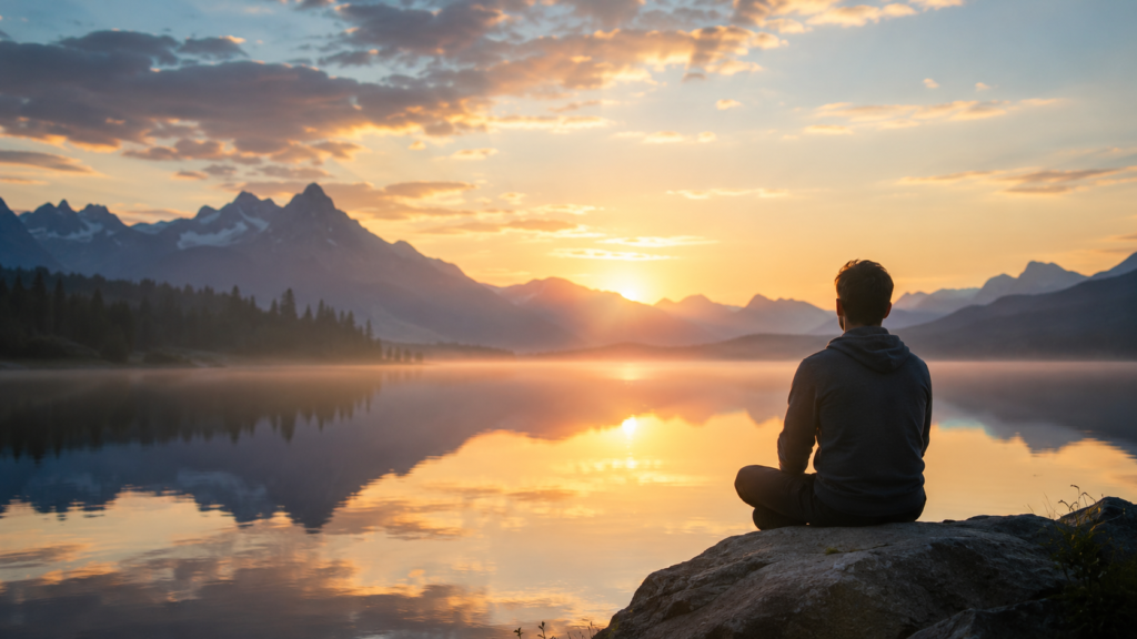 Pessoa contemplando um lago tranquilo durante o amanhecer, representando paz interior, equilíbrio emocional e autoconhecimento.