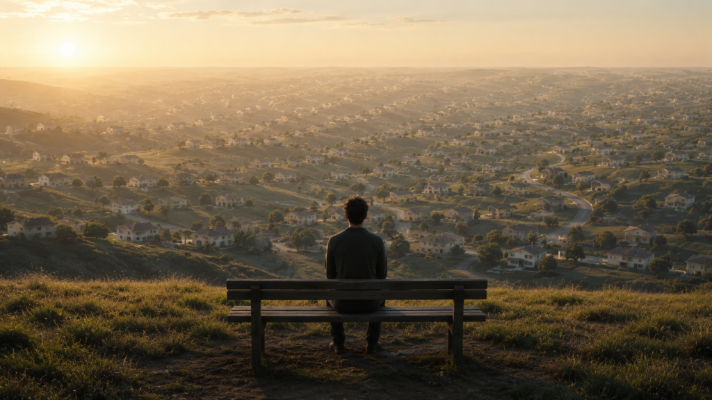Homem observando uma paisagem ao nascer do sol enquanto reflete sobre como seria viver mais 1.000 anos e enxergar o tempo de outra forma.
