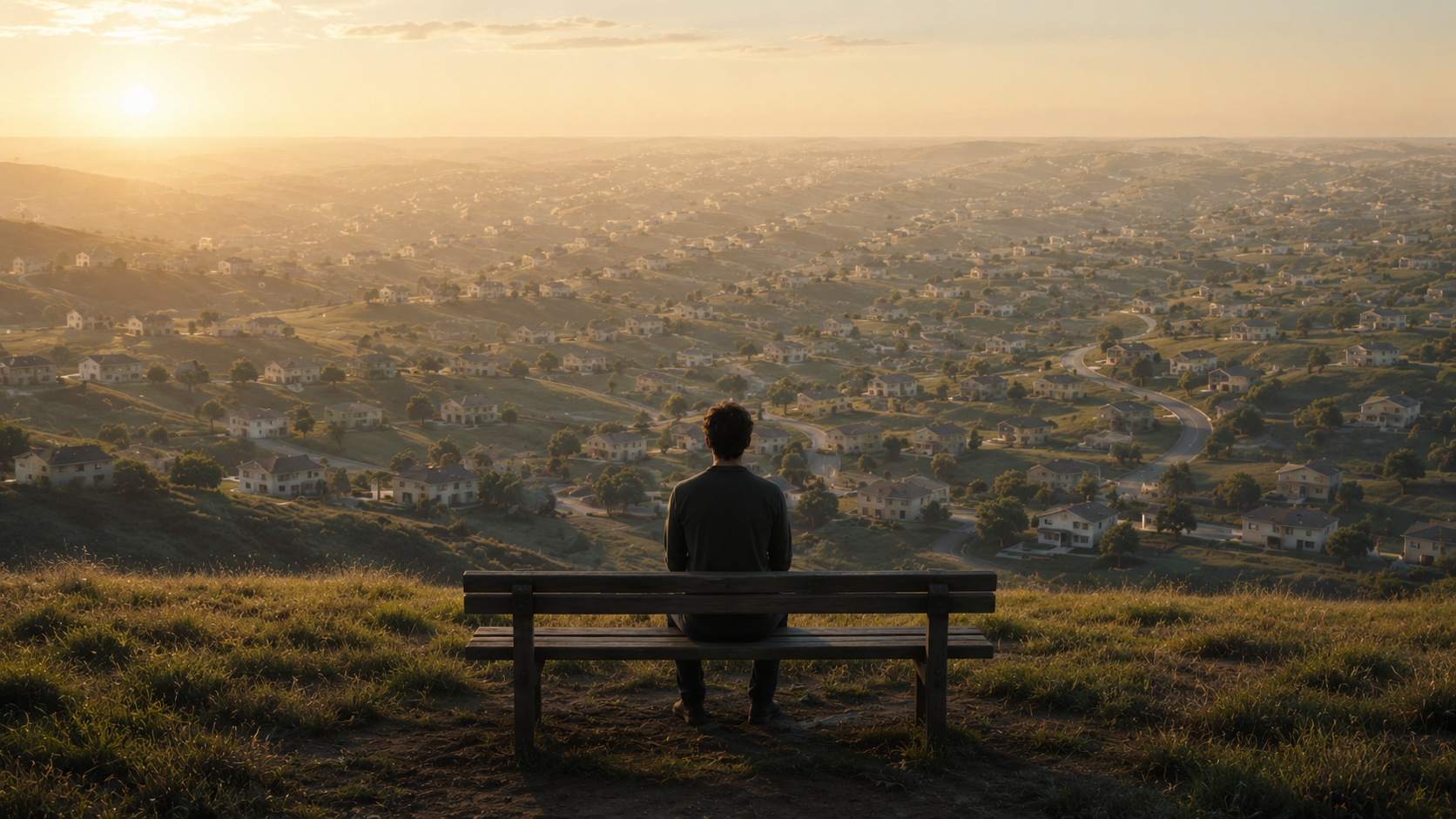 Homem observando uma paisagem ao nascer do sol enquanto reflete sobre como seria viver mais 1.000 anos e enxergar o tempo de outra forma.