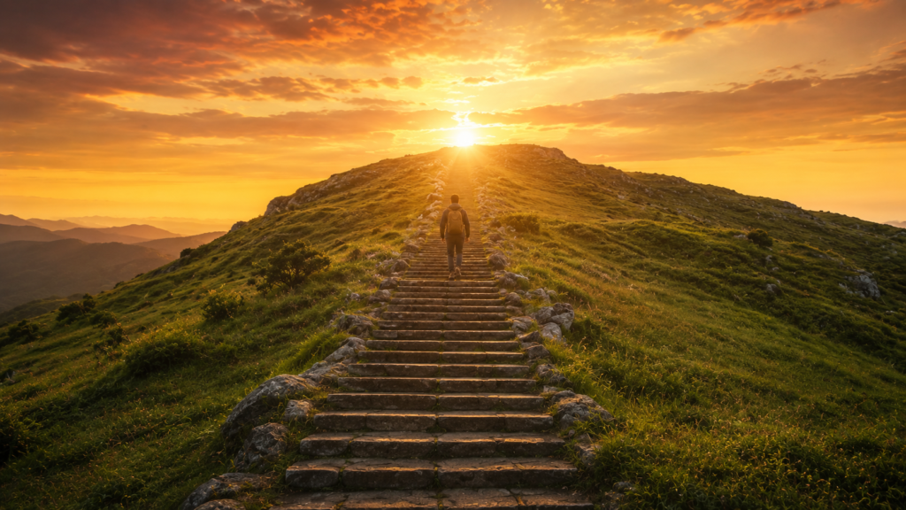 Pessoa subindo lentamente uma escadaria em direção ao nascer do sol, simbolizando mudanças graduais, constância e evolução pessoal.