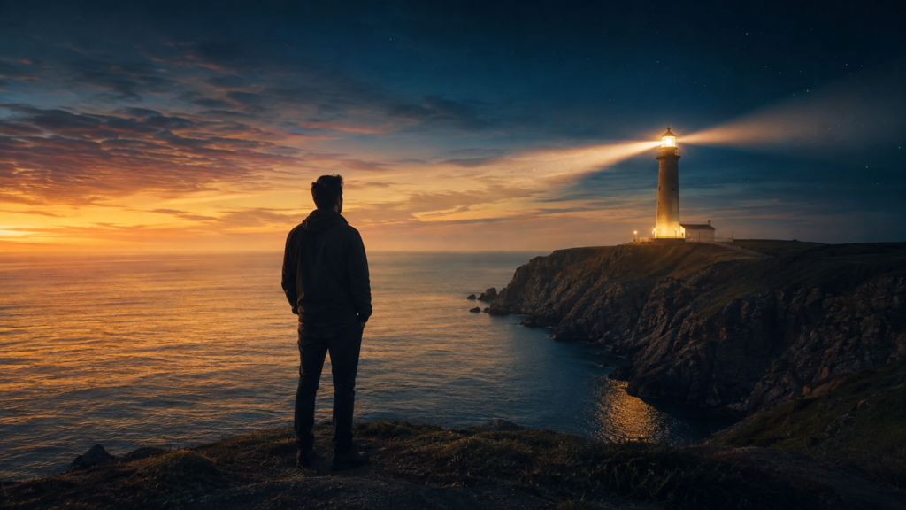 Pessoa observando o horizonte diante de um farol iluminando o mar