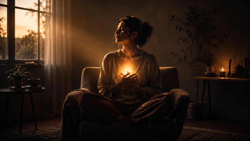 Mulher em meditação conectada à sua energia interior em ambiente acolhedor