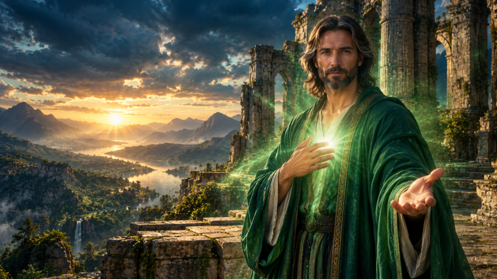 Representação artística de Mestre Hilarion com vestes verdes e luz dourada no coração, diante de um santuário ancestral cercado por montanhas, simbolizando a verdade, o discernimento e o despertar da consciência.